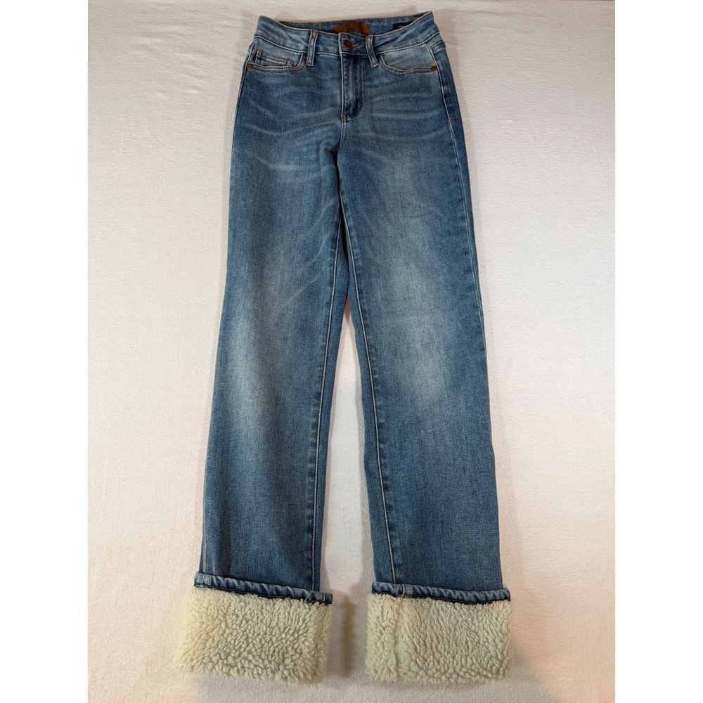 Judy Blue Straight Fit Sherpa Cuff Jeans Medium Wash Denim Size 0/24